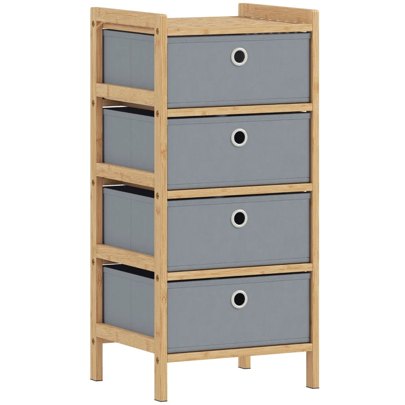 Narrow chest of drawers with bamboo frame and four light grey fabric drawers