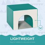 Teal and white foam play tunnel block with arched opening and curved interior