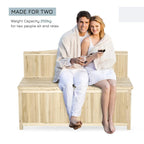 Natural wood patio storage bench with slatted back for two people