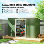 Light green metal garden shed with open double doors and interior tools