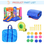 Inflatable bounce castle kit components: castle, air pump, stakes, and colored plugs