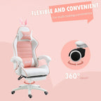 Pink and white gaming chair with rabbit ears and 360-degree swivel base