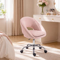 Pink velvet office chair with curved back, padded seat, and chrome caster base