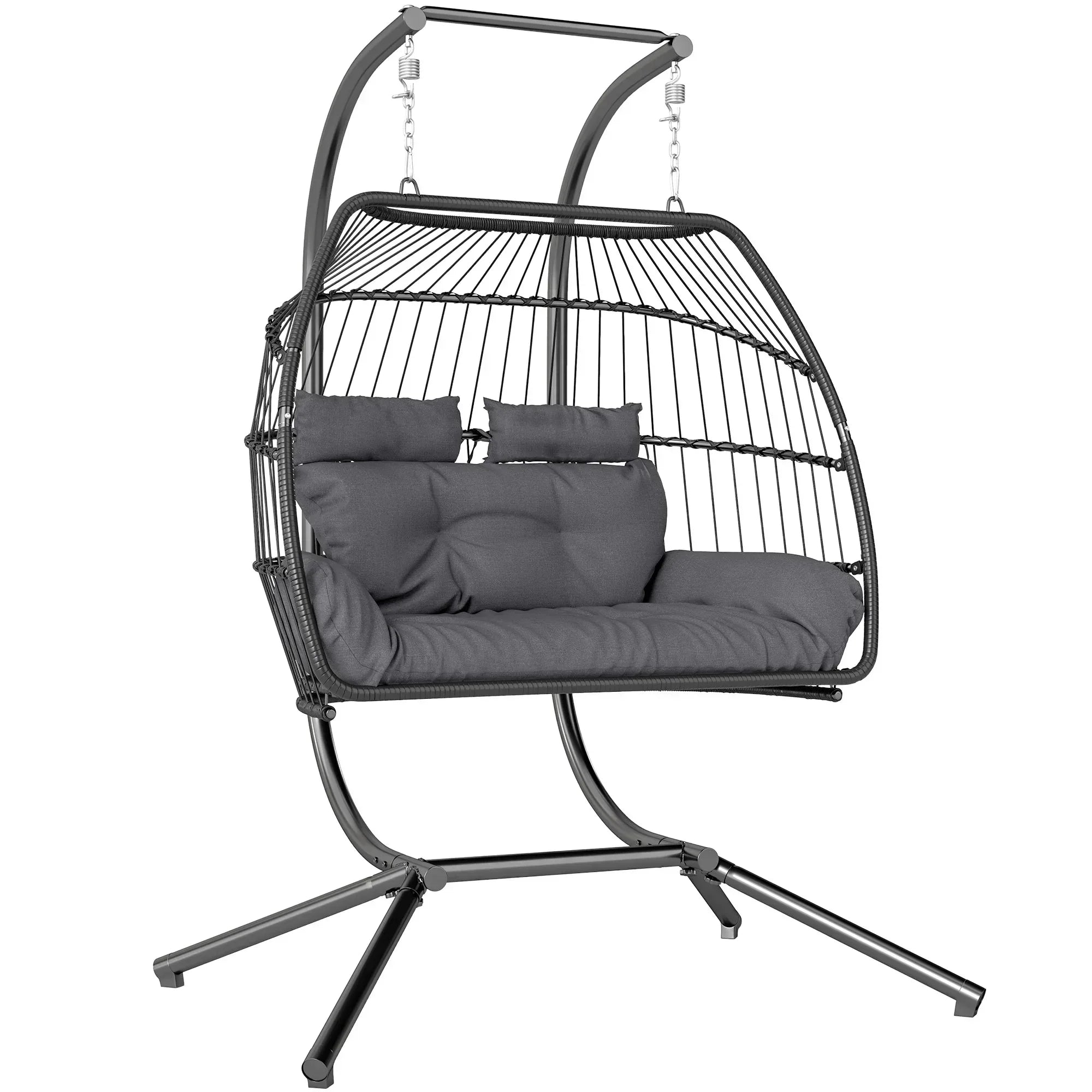 Rattan Double Hanging Egg Chair with Stand, Foldable Wicker Swing Egg Chair with Cushion, Head Pillows, Steel Frame, Hammock Chair for Indoor Outdoor, Capacity 260 kg, Dark Grey - Bobobiy