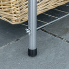 Metal grill leg with base cap and nearby wicker storage shelf on the stand