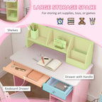 Pink kids desk with keyboard drawer and handle drawer plus large storage shelves