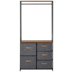 Front view coat rack dresser: black frame, brown top shelf, and 5 grey fabric drawers