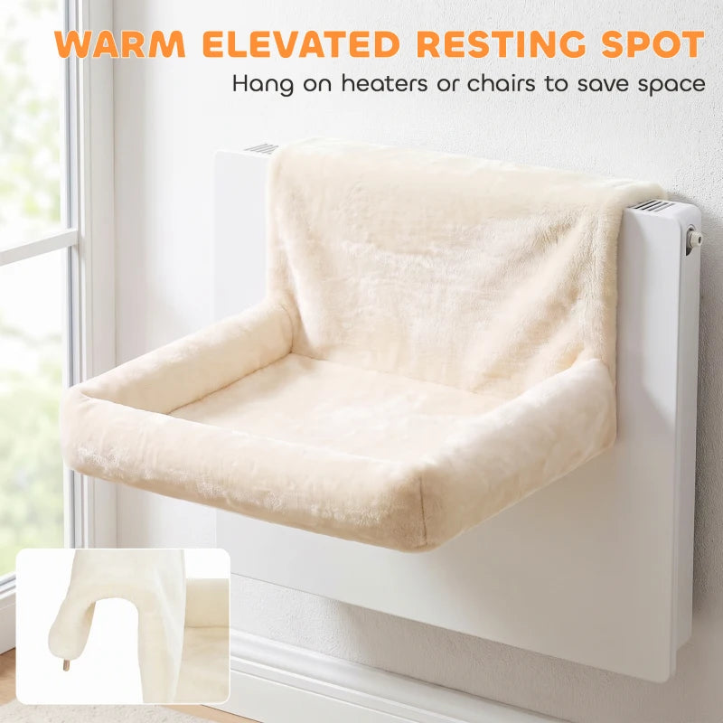 Cream hanging cat hammock radiator bed with plush seat and back