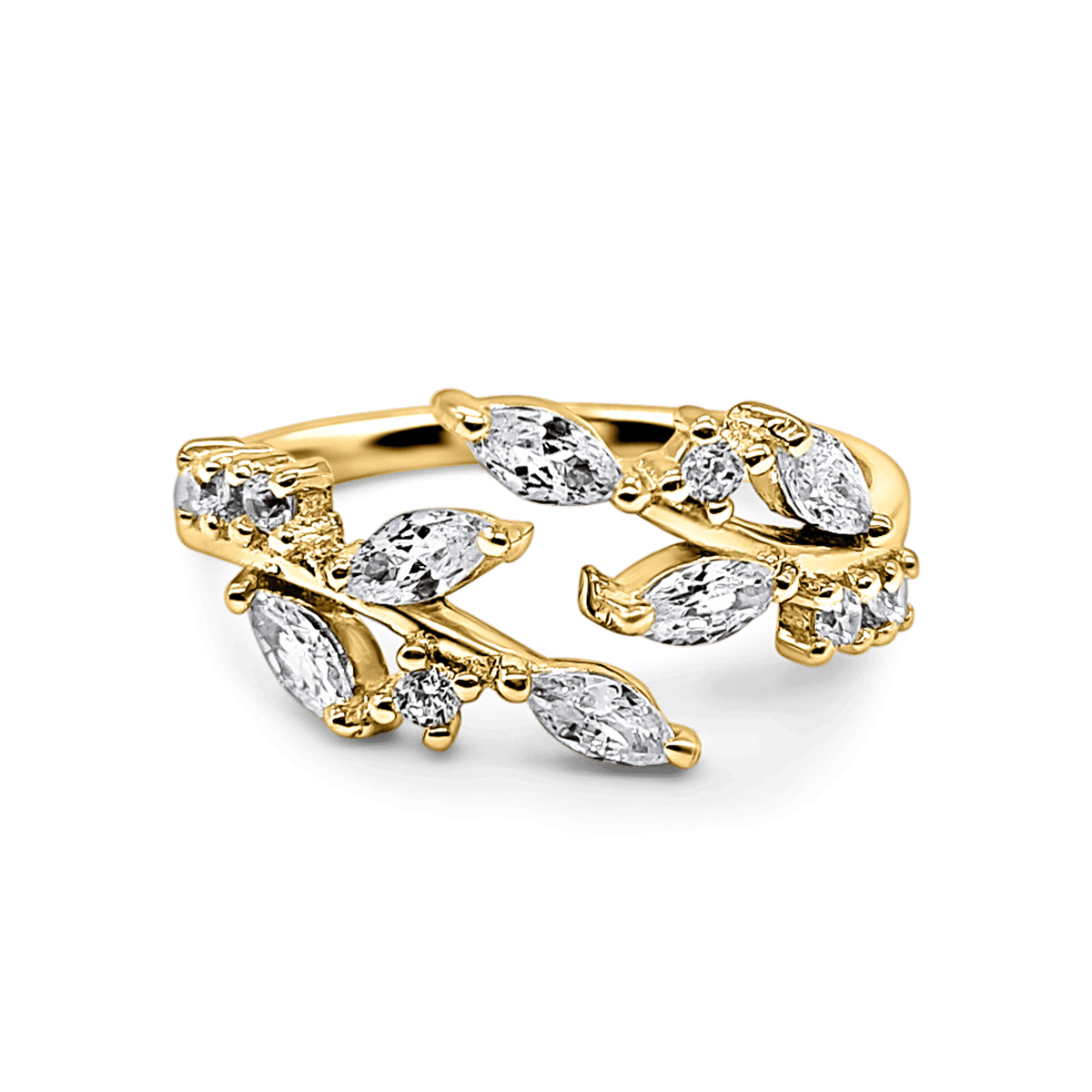 Gold-tone adjustable ring with marquise-cut clear stones in an ornate band