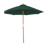Green outdoor market umbrella with round canopy, wooden pole, and visible ribs