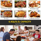 Black and grey air fryer with meal guide tiles for wings, steak, pizza, fries