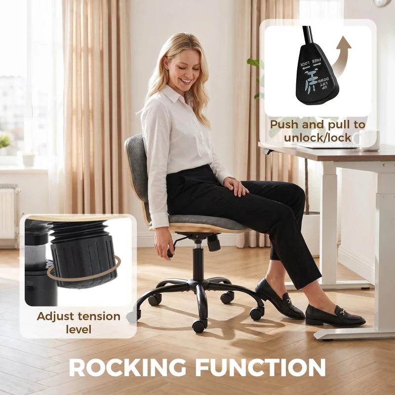 Grey upholstered office chair with height-control mechanism and rolling caster base