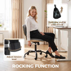 Grey upholstered office chair with height-control mechanism and rolling caster base