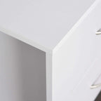 Close-up corner of a white bedside table cabinet with squared legs