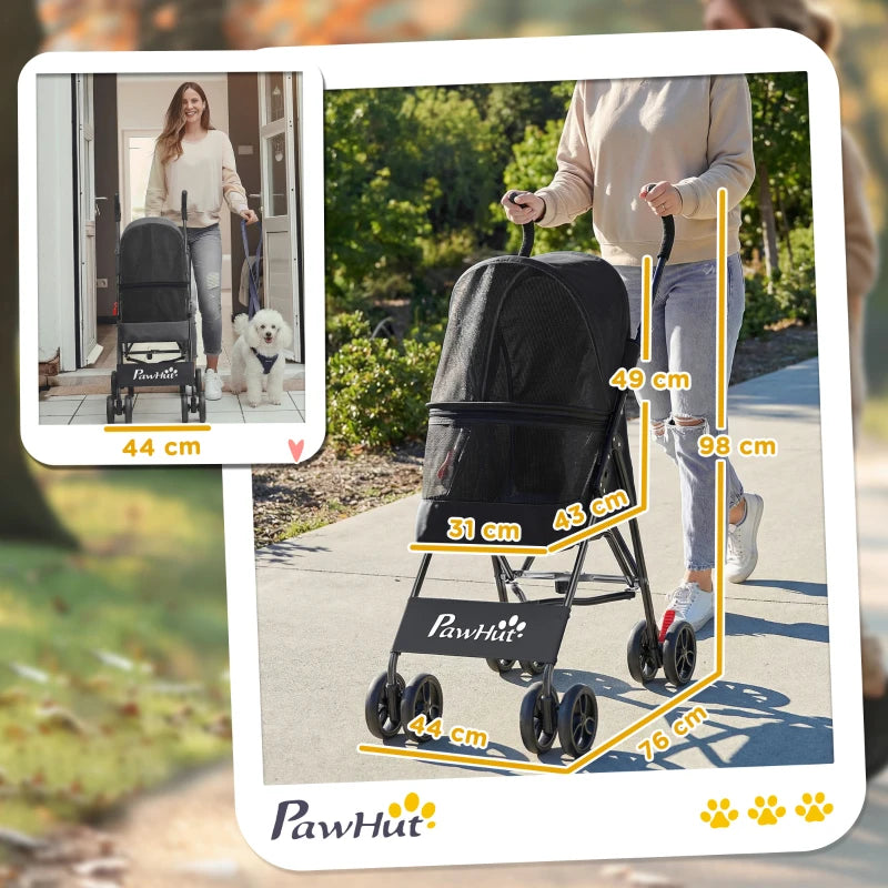 Black foldable pet stroller with mesh sides and compact frame