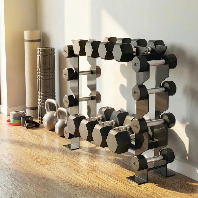 Black dumbbell rack on floor with multiple dumbbells arranged on tiered side hooks