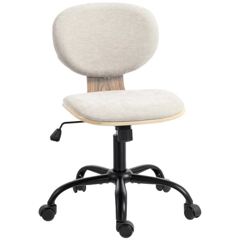 Light grey upholstered office rocking chair with round back, swivel base, and caster wheels.