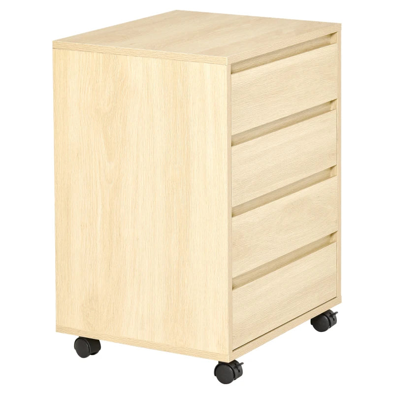 Natural wood filing cabinet with four drawers and black caster wheels