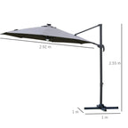 Grey cantilever patio parasol with dimensions: 2.92 m wide and 2.55 m tall
