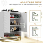 White shoe storage cabinet interior with adjustable shelves for shoes, chevron door design