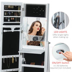 White standing jewelry cabinet with LED-lit mirror and hanging earring storage
