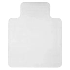 Clear office chair mat with rounded corners, smooth protective surface on carpeted floor