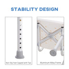 White bath shower stool with aluminum frame and capped non-slip tips on legs.