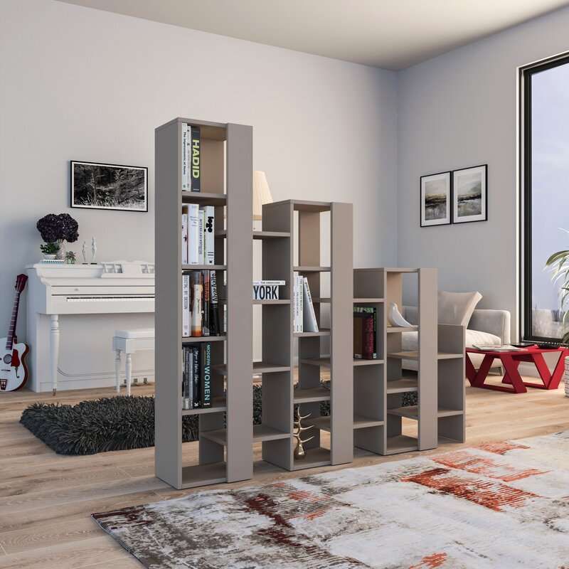 Tall bookcase room divider with open cubby shelves, grey-brown finish