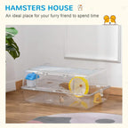 Transparent 2-tier hamster cage with blue water bottle and yellow running wheel