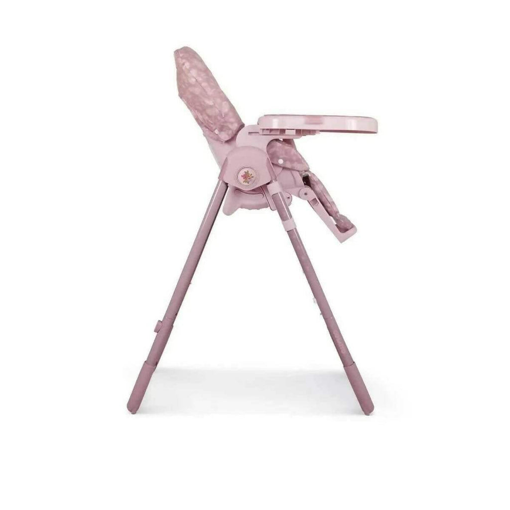 Pink patterned 0+ highchair with tray and reclined seat, angled side view