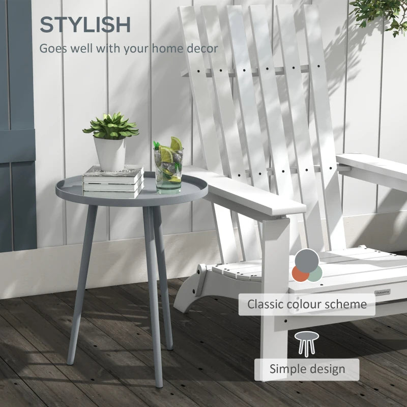 Grey round garden side table with flat circular top and tapered steel legs