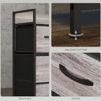 Close-up details of grey wood-look drawer chest: steel frame and black handles