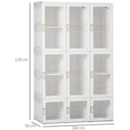 White foldable clothes wardrobe cabinet with nine cube storage compartments; side dimensions shown.