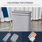 Grey collapsible laundry basket with flip lid and detachable liner, showing foldable shell.