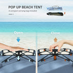 Light blue pop-up beach tent with carry bag, shown open and closed
