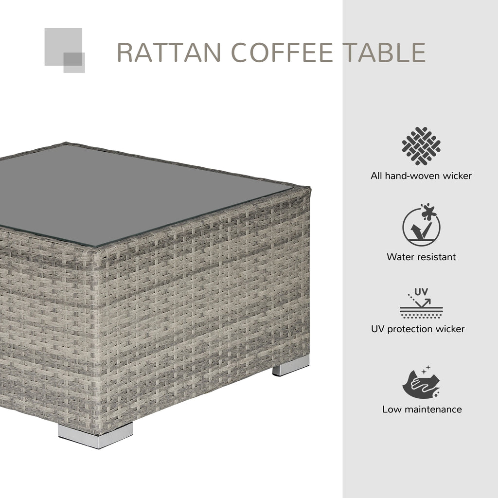 Gray PE wicker coffee table with glass top and sturdy metal feet