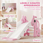 Pink giraffe-shaped kids slide with white ramp and basketball hoop