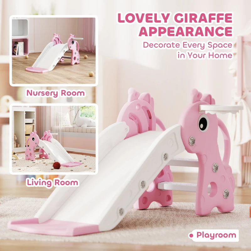 Pink giraffe-shaped kids slide with white ramp and basketball hoop