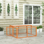Orange wooden rabbit hutch with wire mesh panels and hinged top.