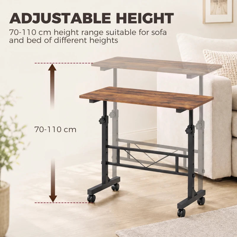 Adjustable height sofa side table with rustic brown tabletop on black legs