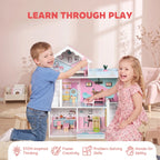 Pink wooden 3-storey dollhouse as kids play with pretend rooms and furniture