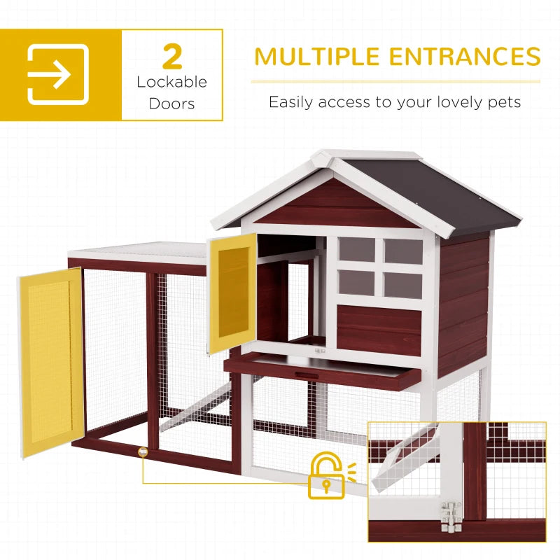 Rabbit hutch with multiple entry doors and ramp, black roof, white frame, mesh walls