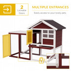 Rabbit hutch with multiple entry doors and ramp, black roof, white frame, mesh walls