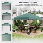 Green pop-up gazebo with two-wall design, sidewall panels attached to the frame