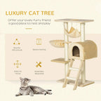 Beige cat tree tower with enclosed house, hammock, ladder perch, and top platform