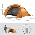 Orange 1-2 person dome tent with rainfly and front mesh window; size diagram view