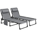 Portable Sun Lounger Set of 2, Folding Camping Bed Cot, Reclining Lounge Chair 5-position Adjustable Backrest with Side Pocket, Pillow for Patio Garden Beach Pool, Grey - Bobobiy