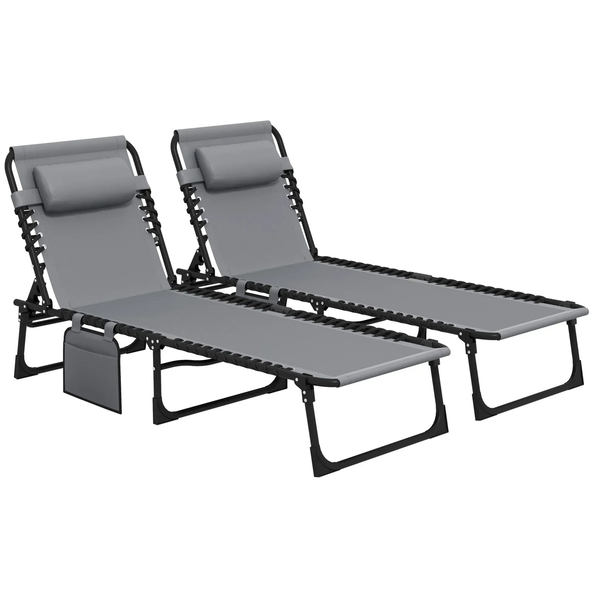 Portable Sun Lounger Set of 2, Folding Camping Bed Cot, Reclining Lounge Chair 5-position Adjustable Backrest with Side Pocket, Pillow for Patio Garden Beach Pool, Grey - Bobobiy