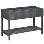 Dark grey raised rectangular plant stand with 8 cube compartments and lower shelf