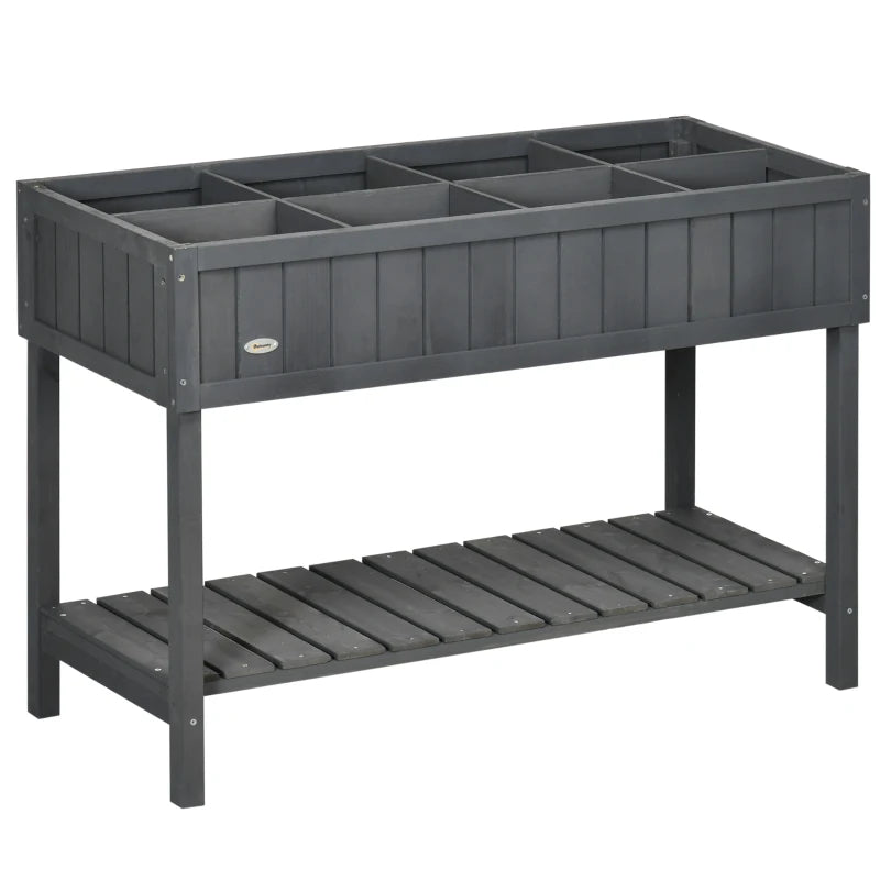 Dark grey raised rectangular plant stand with 8 cube compartments and lower shelf